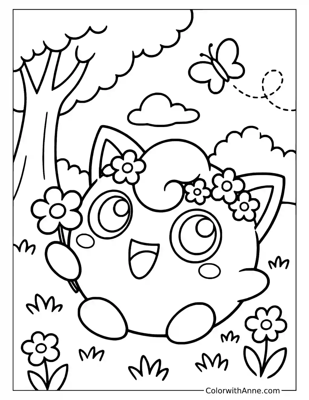 Jigglypuff Wearing a Flower Crown in a printable coloring scene with clear outlines.