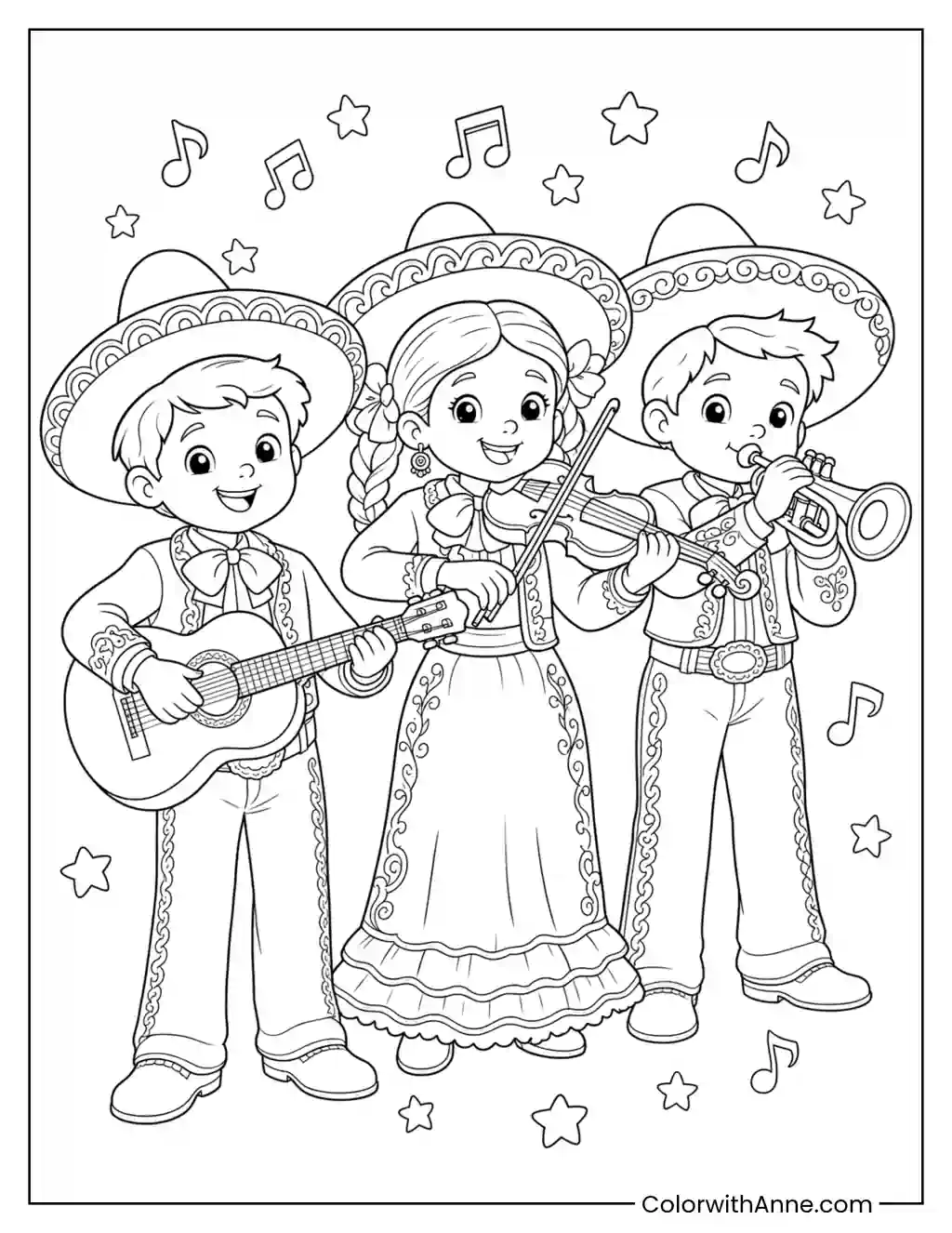 Joyful Children's Mariachi Trio coloring page
