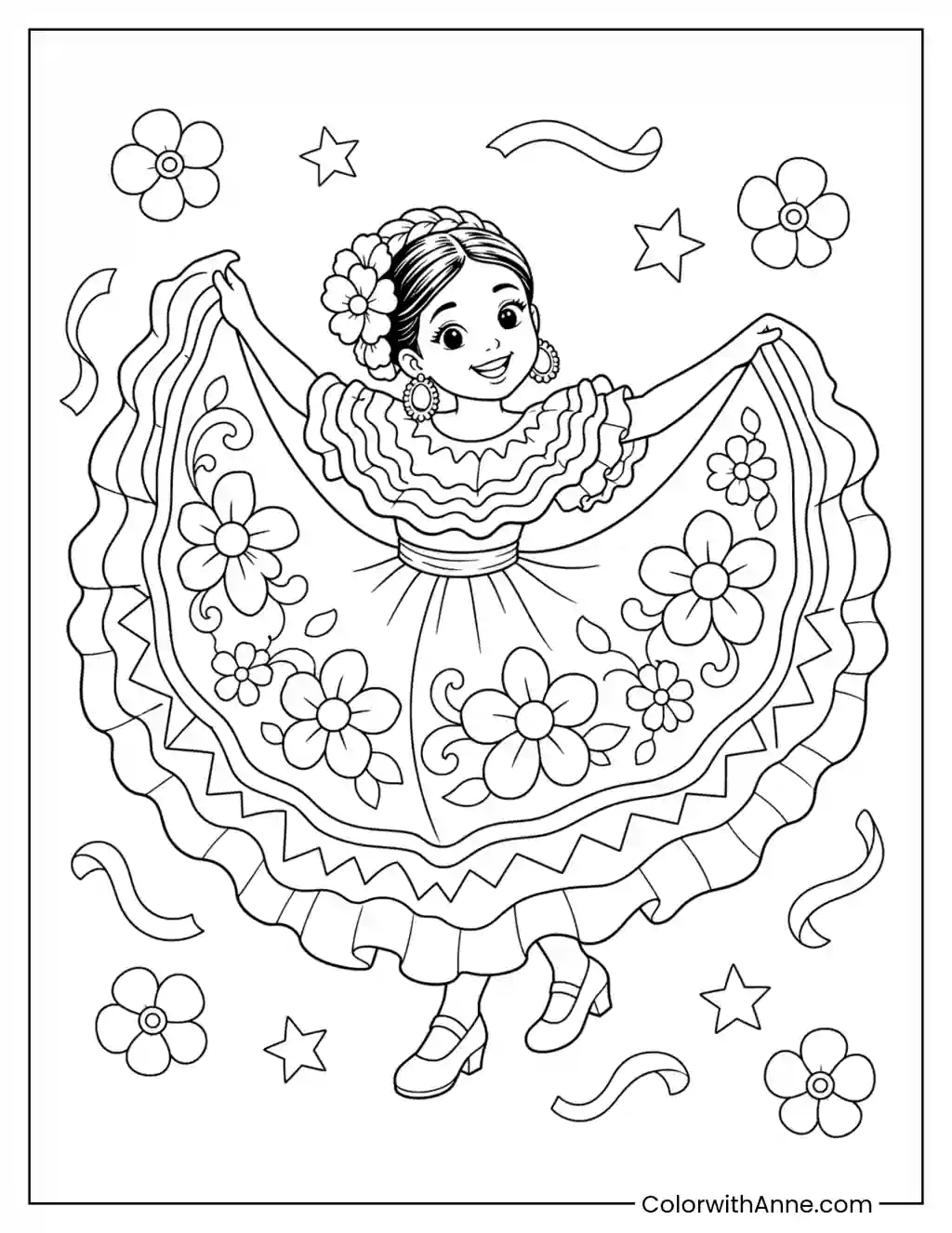 Joyful Folklórico Dancer with Flowing Skirt coloring page