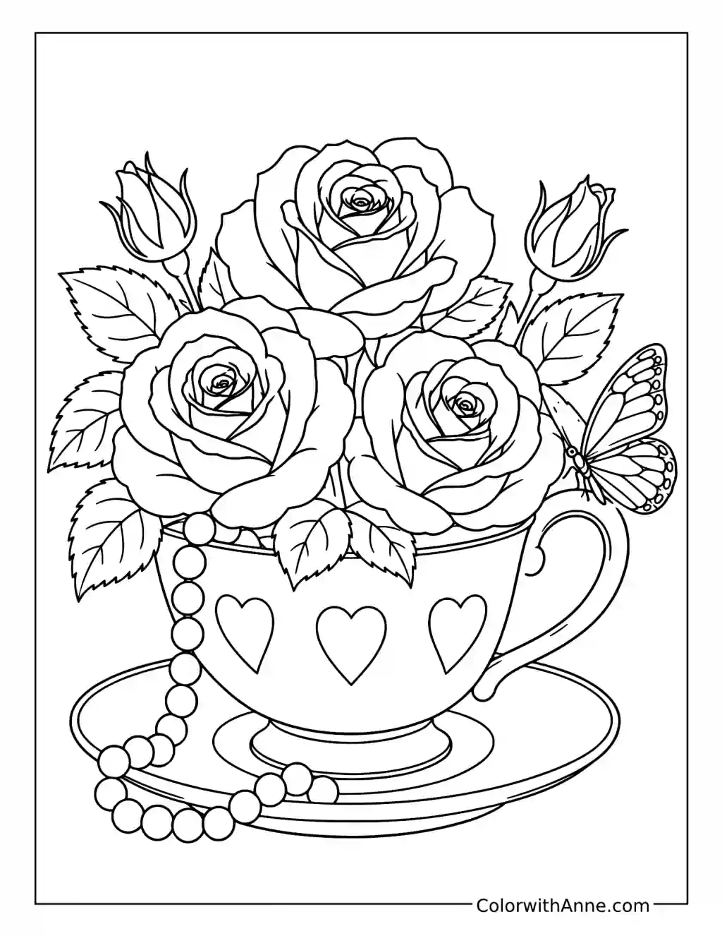 June Roses in a Teacup coloring page