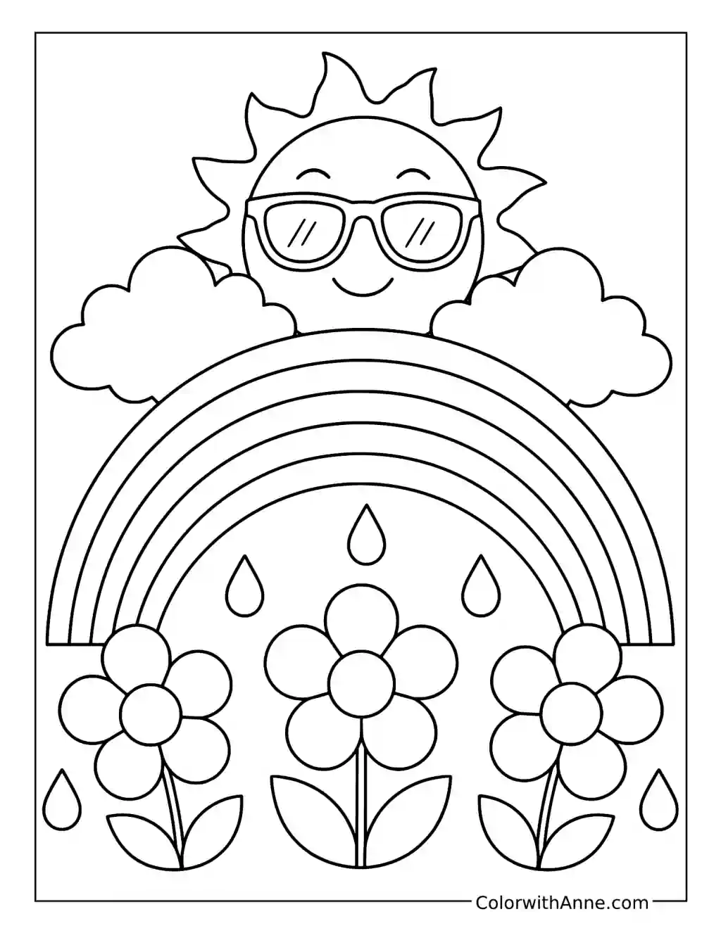 June Sunshine, Rainbow, and Summer Flowers coloring page