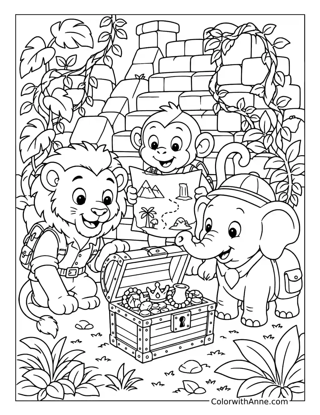 Jungle Animal Friends Discovering a Treasure Chest coloring page
