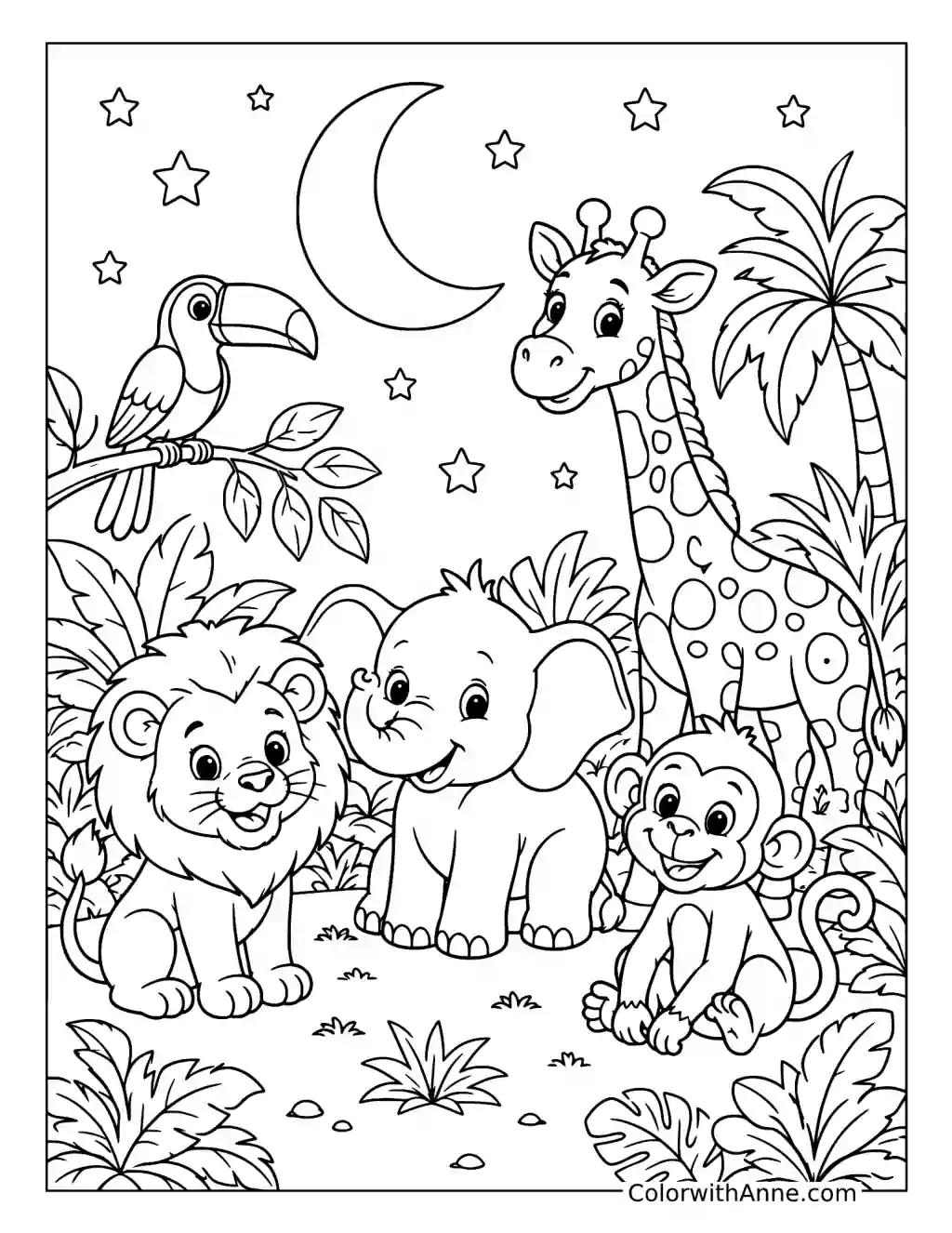 Jungle Animal Friends under the Moon and Stars coloring page