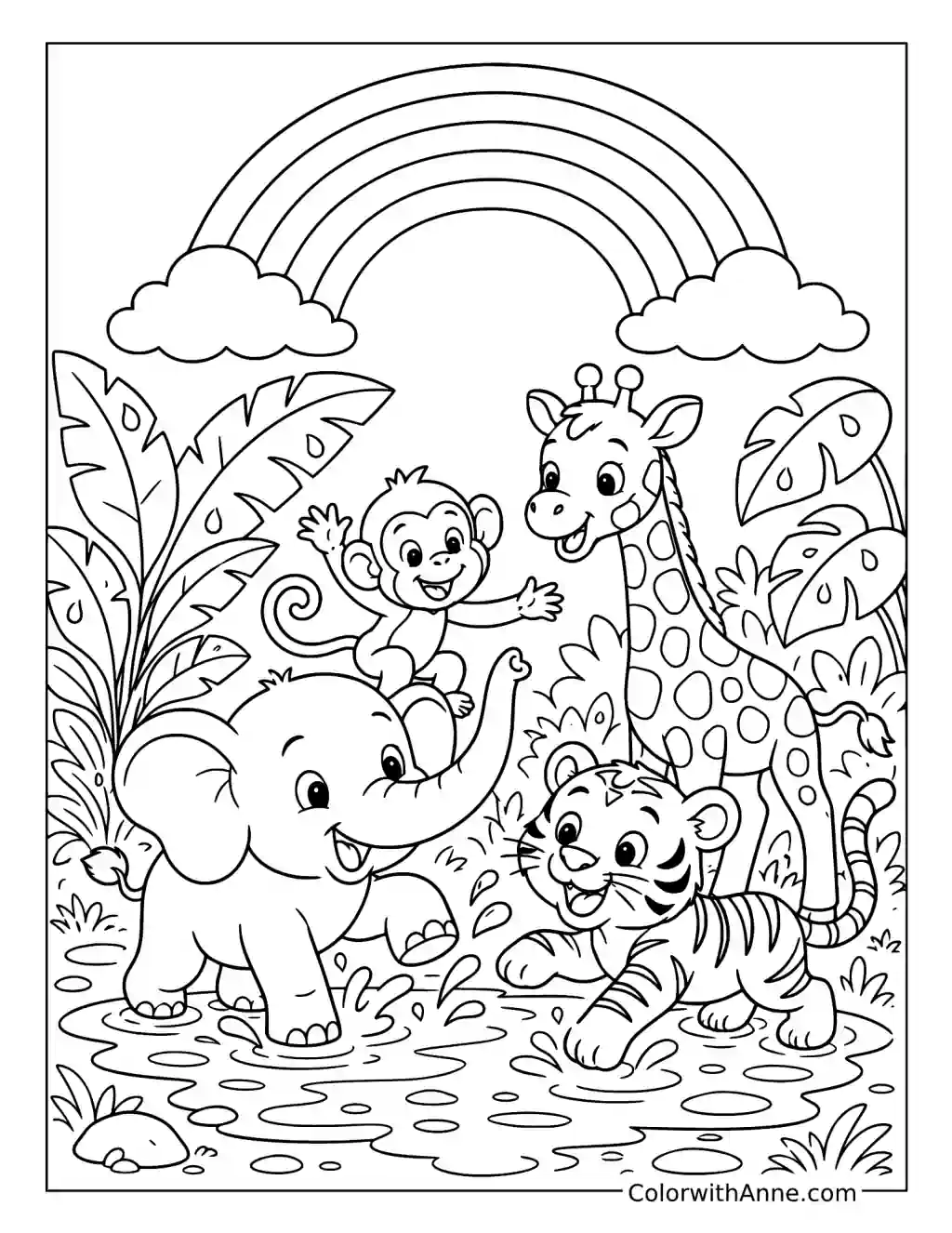 Jungle Animals Playing under a Rainbow after the Rain coloring page