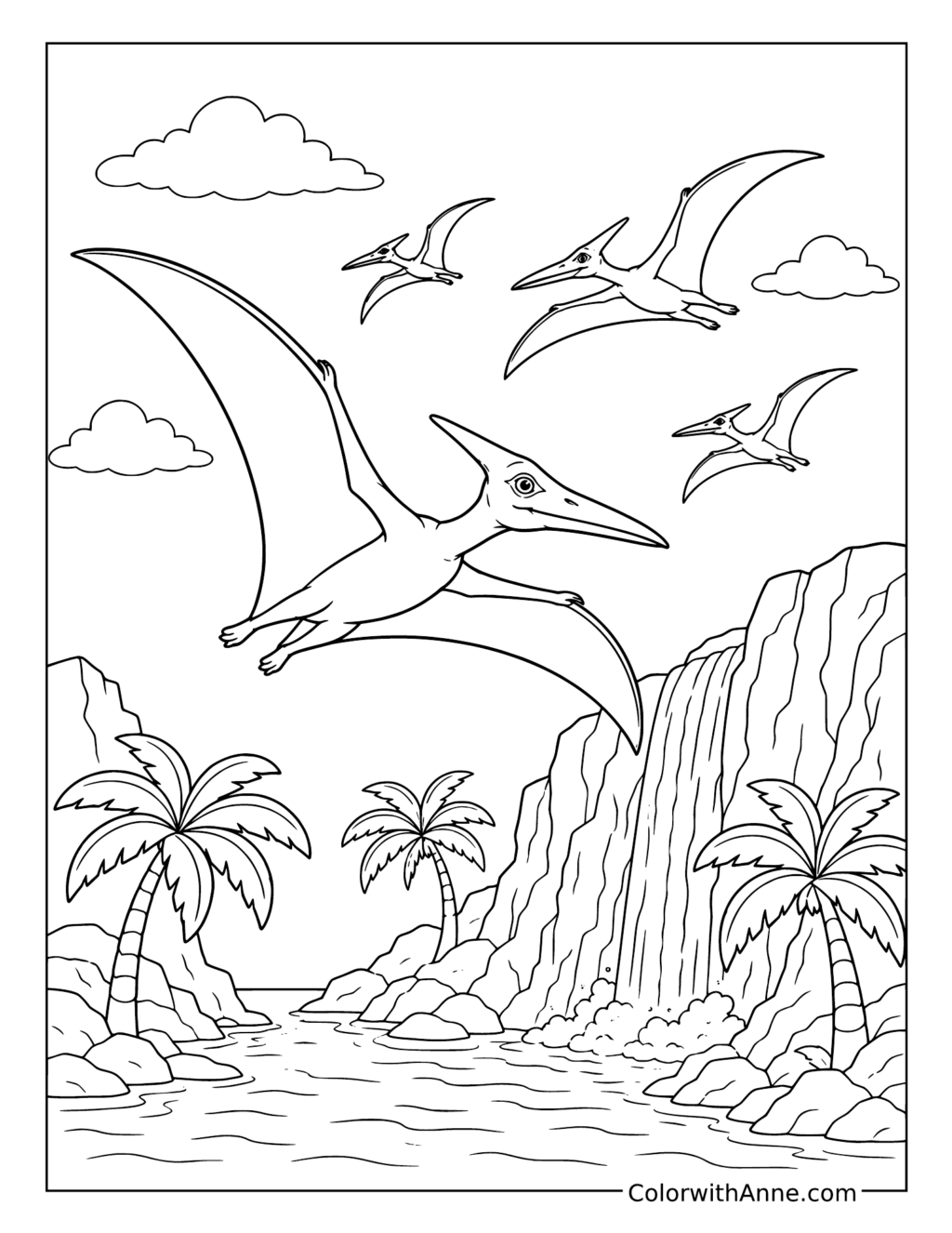 Jurassic World Pteranodons Flying over a Waterfall coloring page