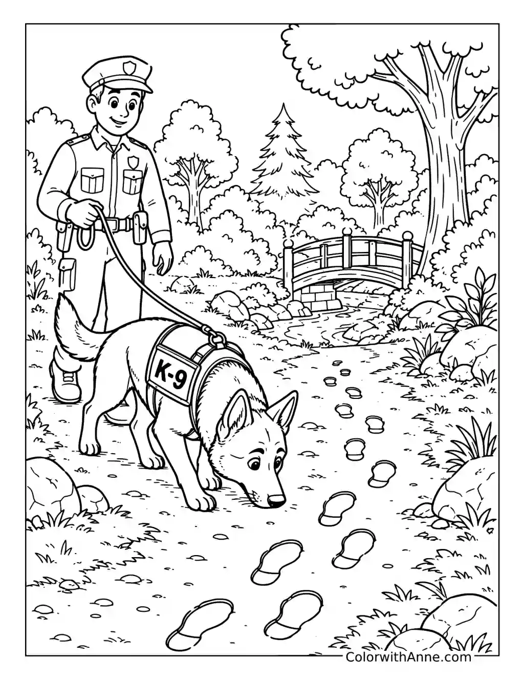 K-9 Dog Tracking Footprints with a Police Handler coloring page