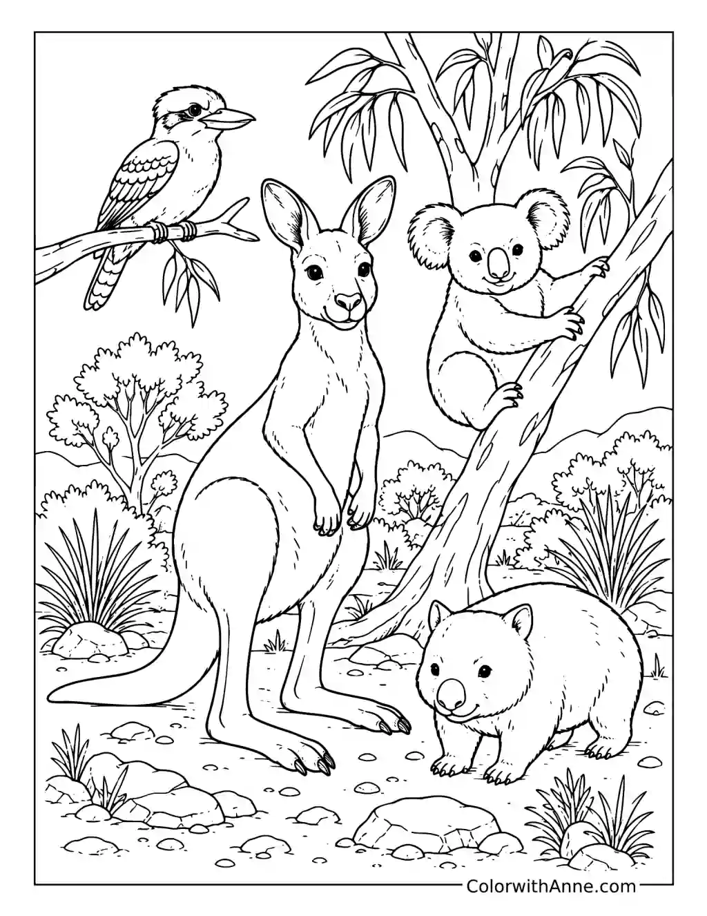 Kangaroo and Friends in the Outback coloring page