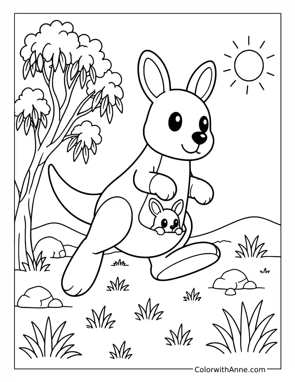 Kangaroo and Joey in Eucalyptus Hills coloring page