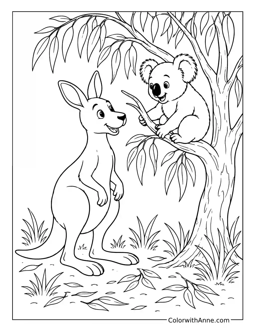 Kangaroo and Koala Under a Eucalyptus Tree coloring page