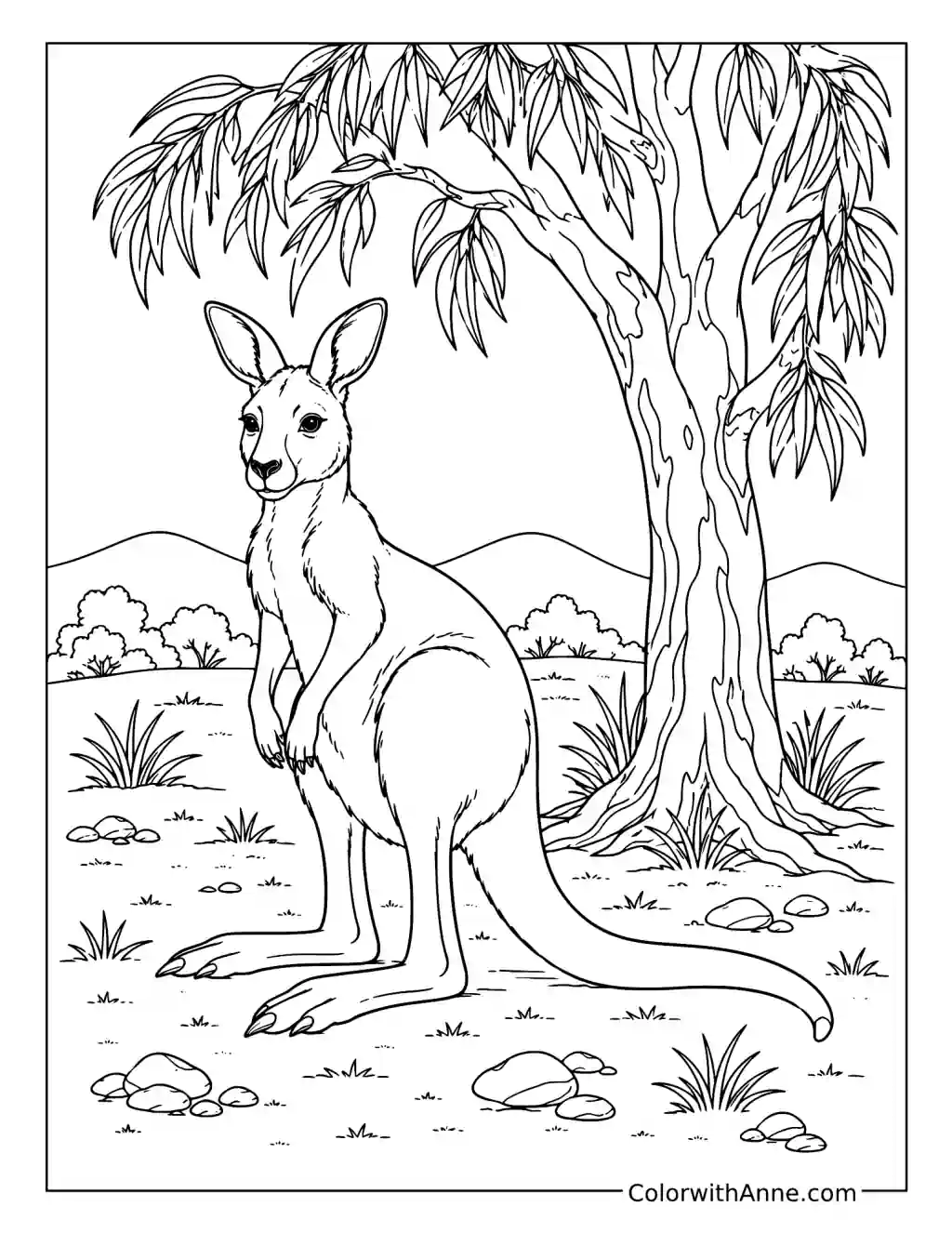 Kangaroo Beneath the Eucalyptus Tree coloring page