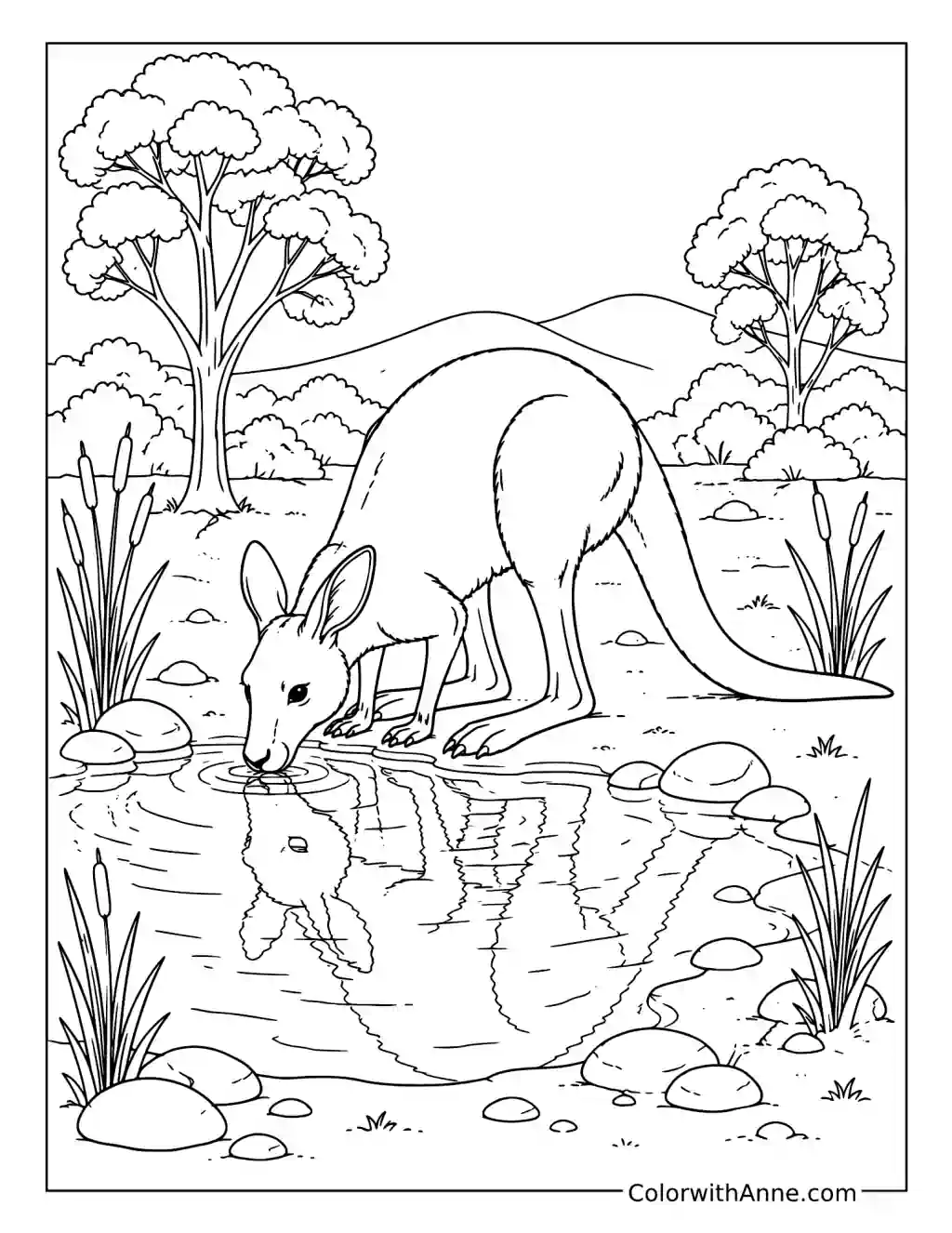 Kangaroo Drinking at a Quiet Waterhole coloring page