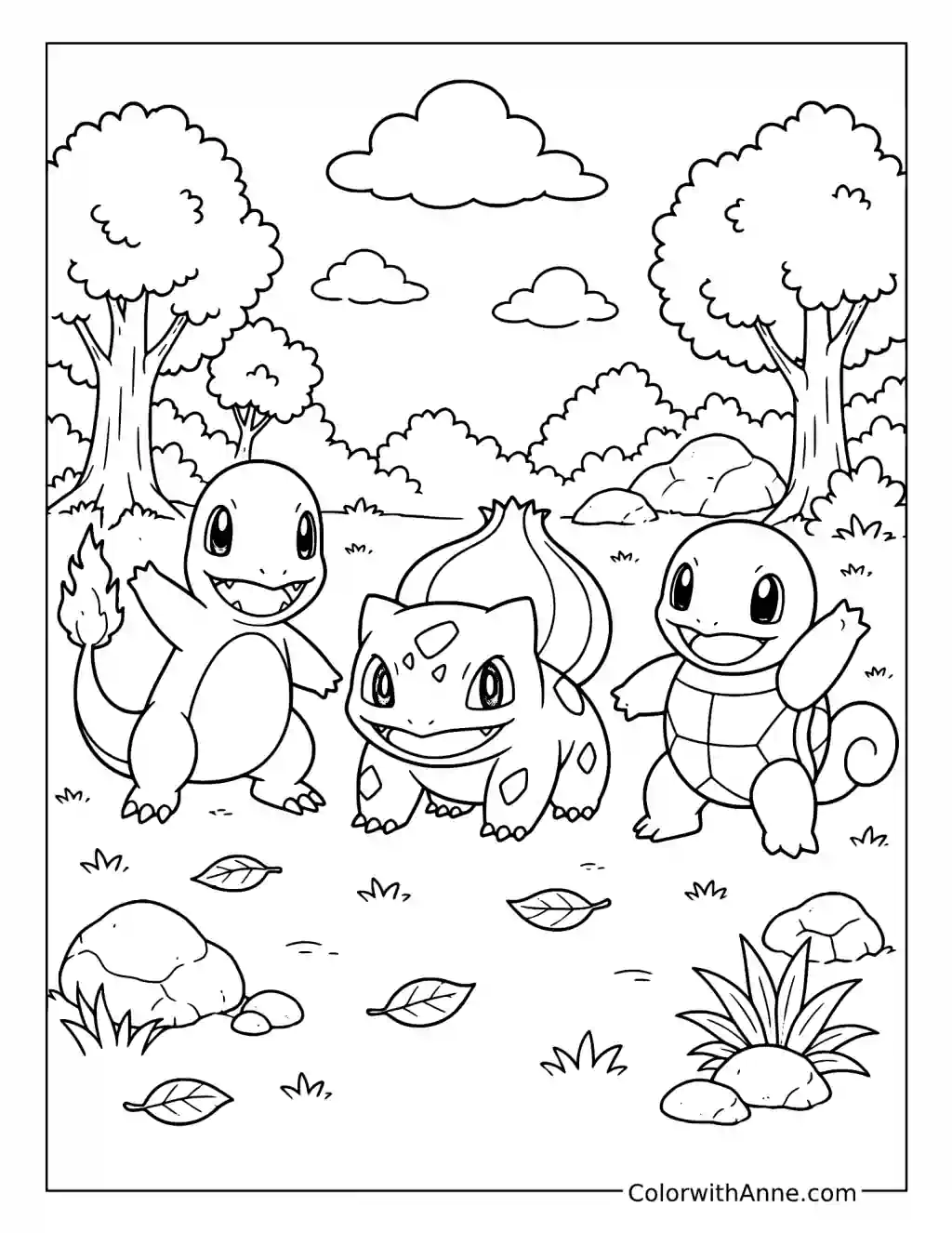 Kanto Starters in a Forest Clearing coloring page