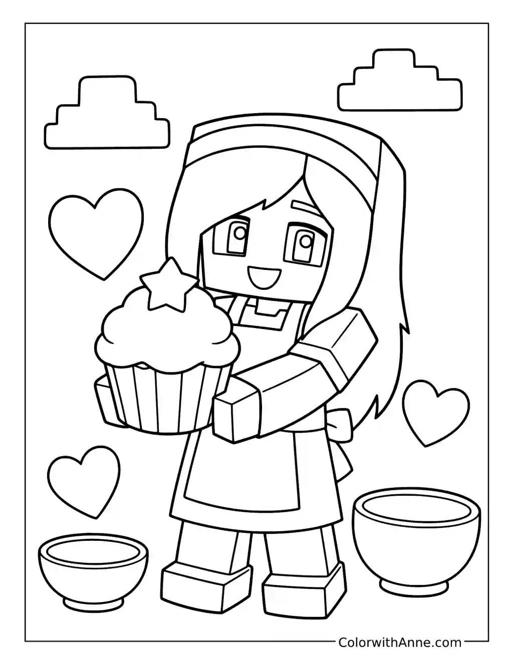 Kawaii Chan Holding a Star-Topped Cupcake coloring page