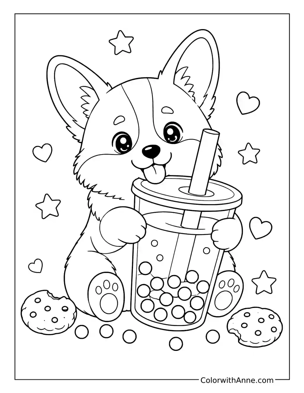 Kawaii Corgi with Boba Tea coloring page