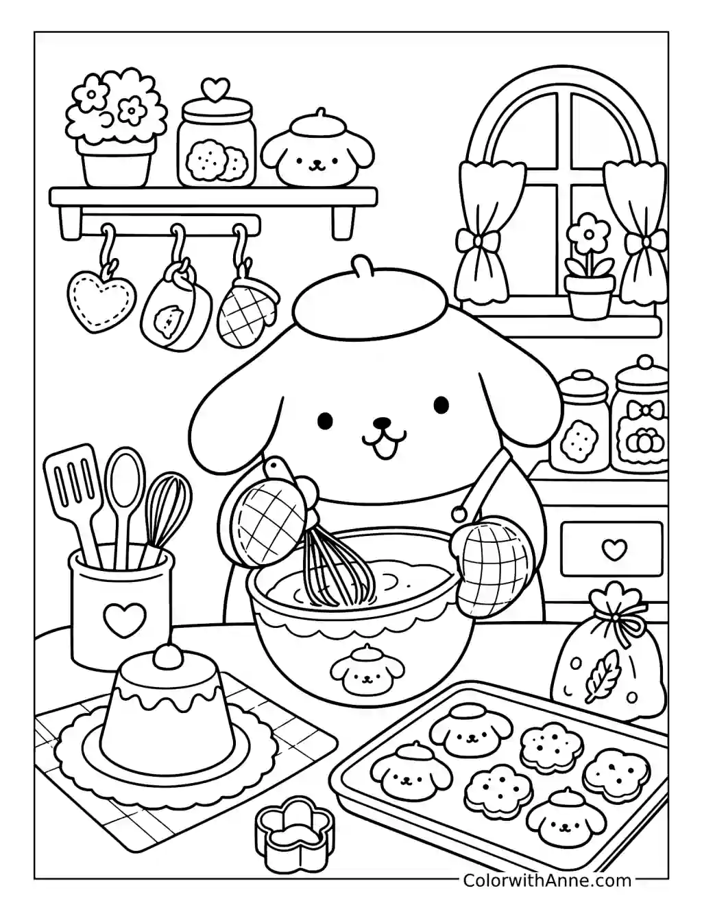 Kawaii Dog Baking in a Cozy Kitchen coloring page
