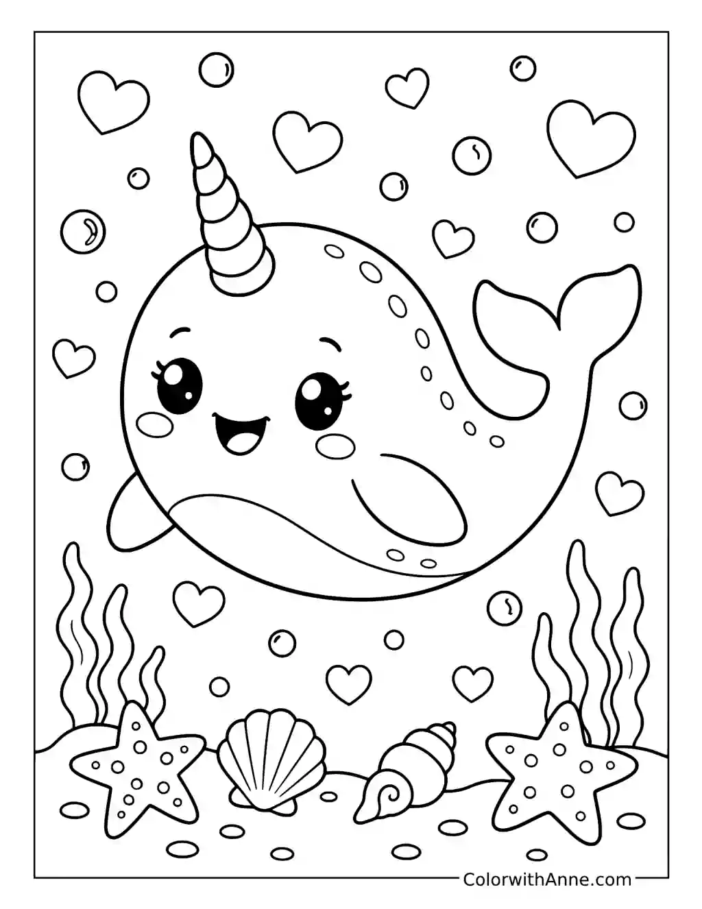 Kawaii Narwhal with Hearts coloring page