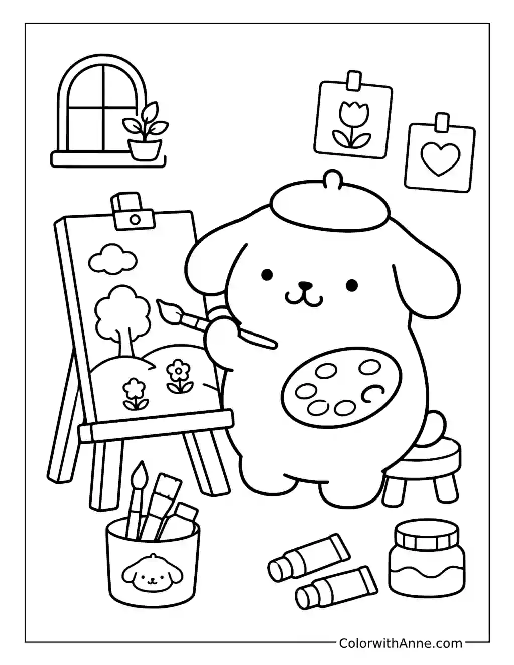 Kawaii Puppy Painting in a Cozy Studio coloring page
