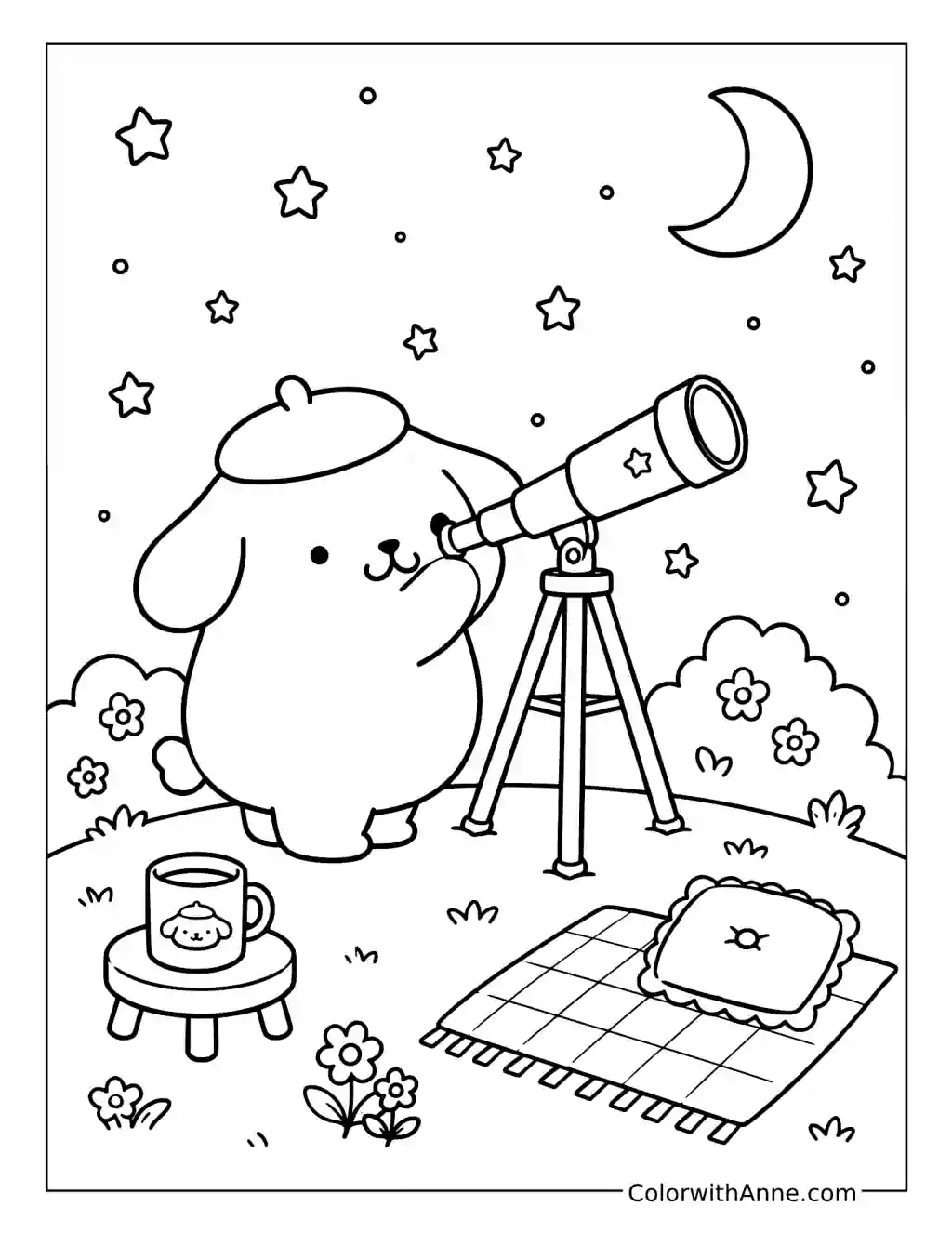 Kawaii Puppy Stargazing Under the Moon coloring page