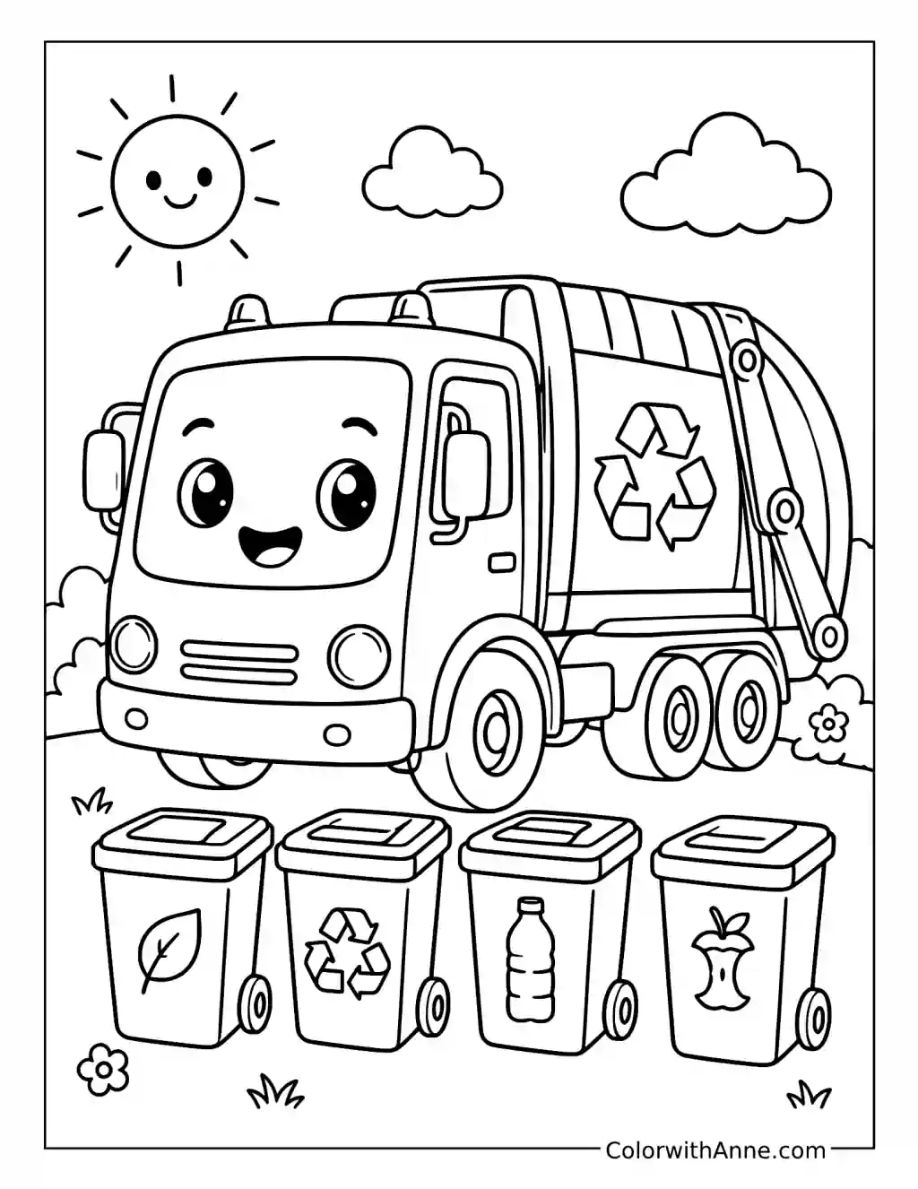 Kawaii Recycling Truck Scene coloring page
