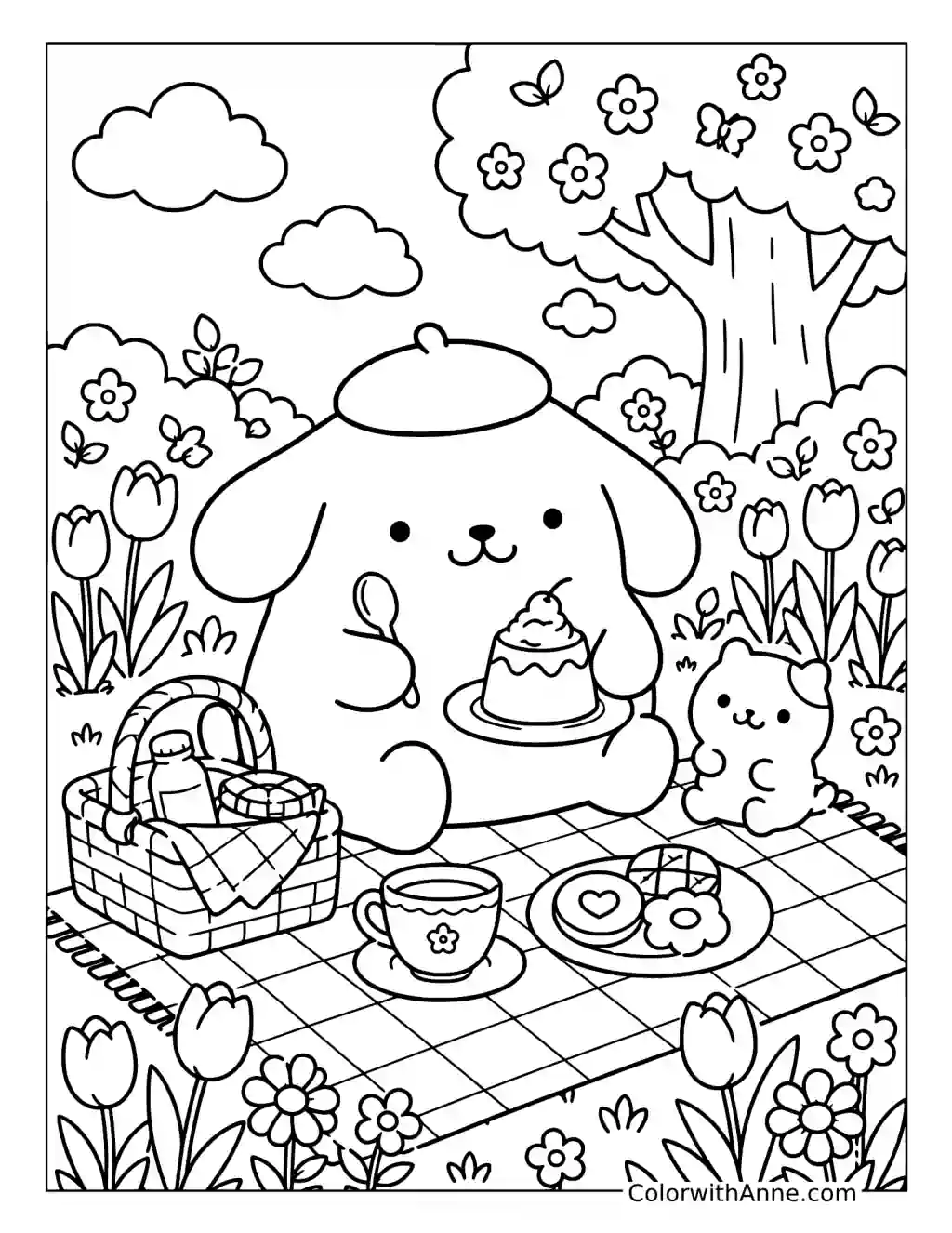 Kawaii Spring Picnic Coloring Scene coloring page