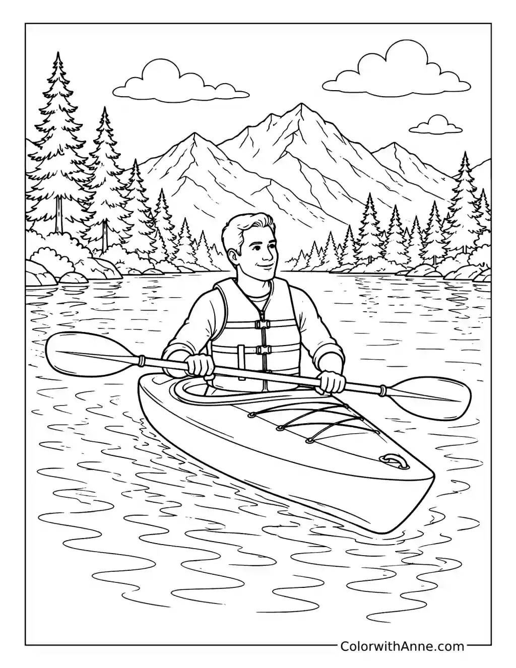 Kayak on a Mountain Lake coloring page