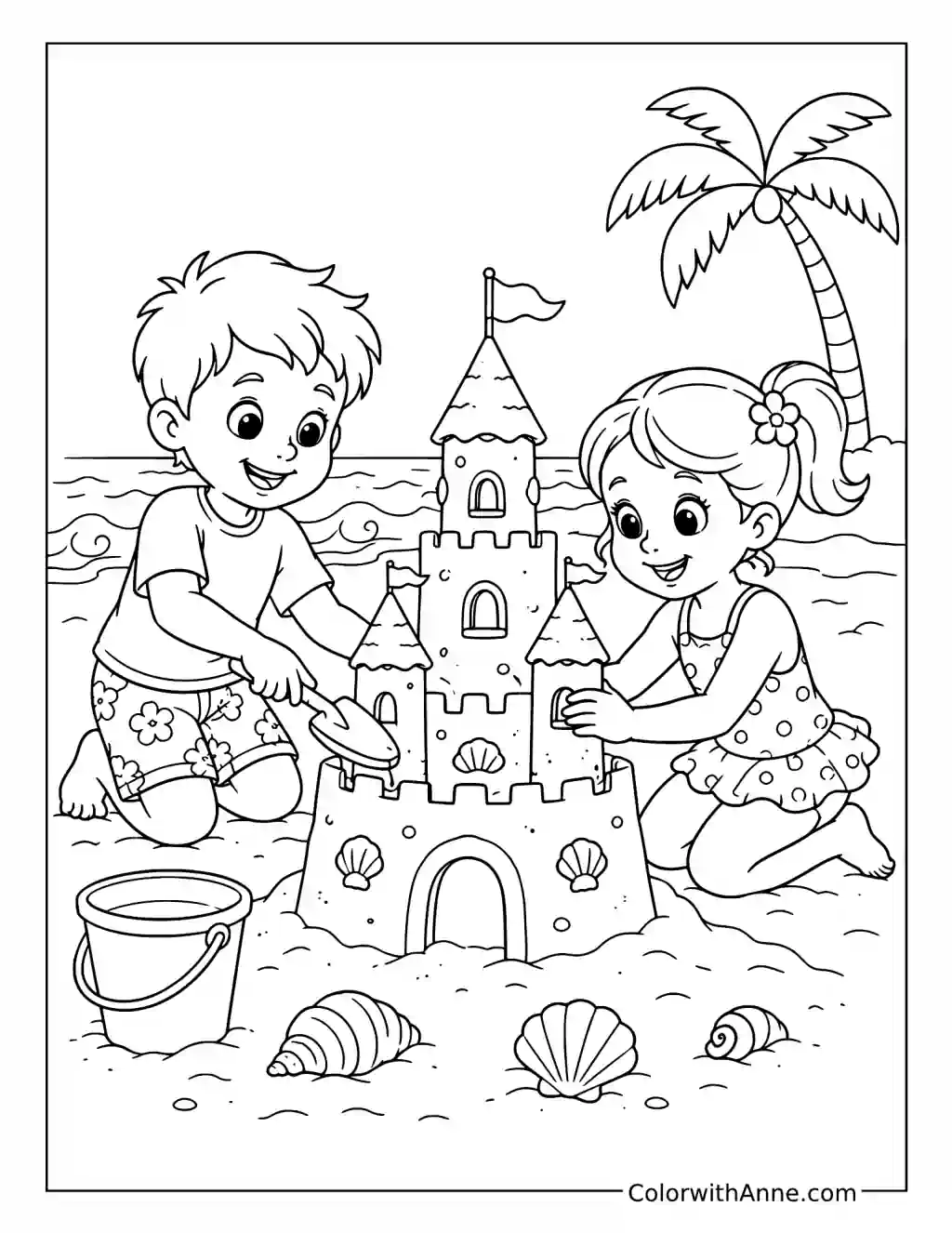 Kids Building a Sandcastle coloring page