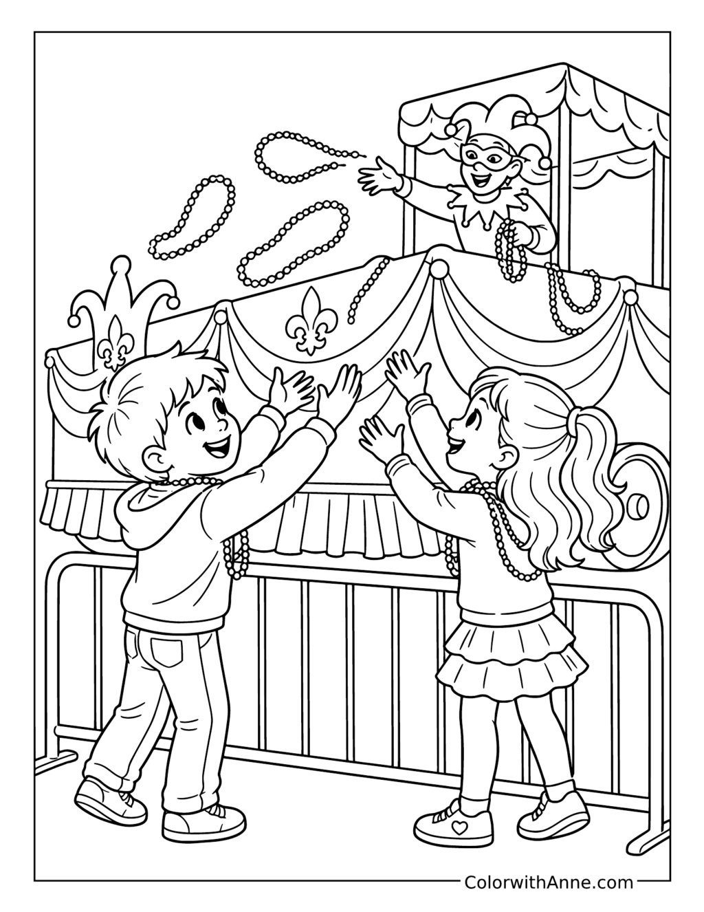 Kids Catching Mardi Gras Beads coloring page