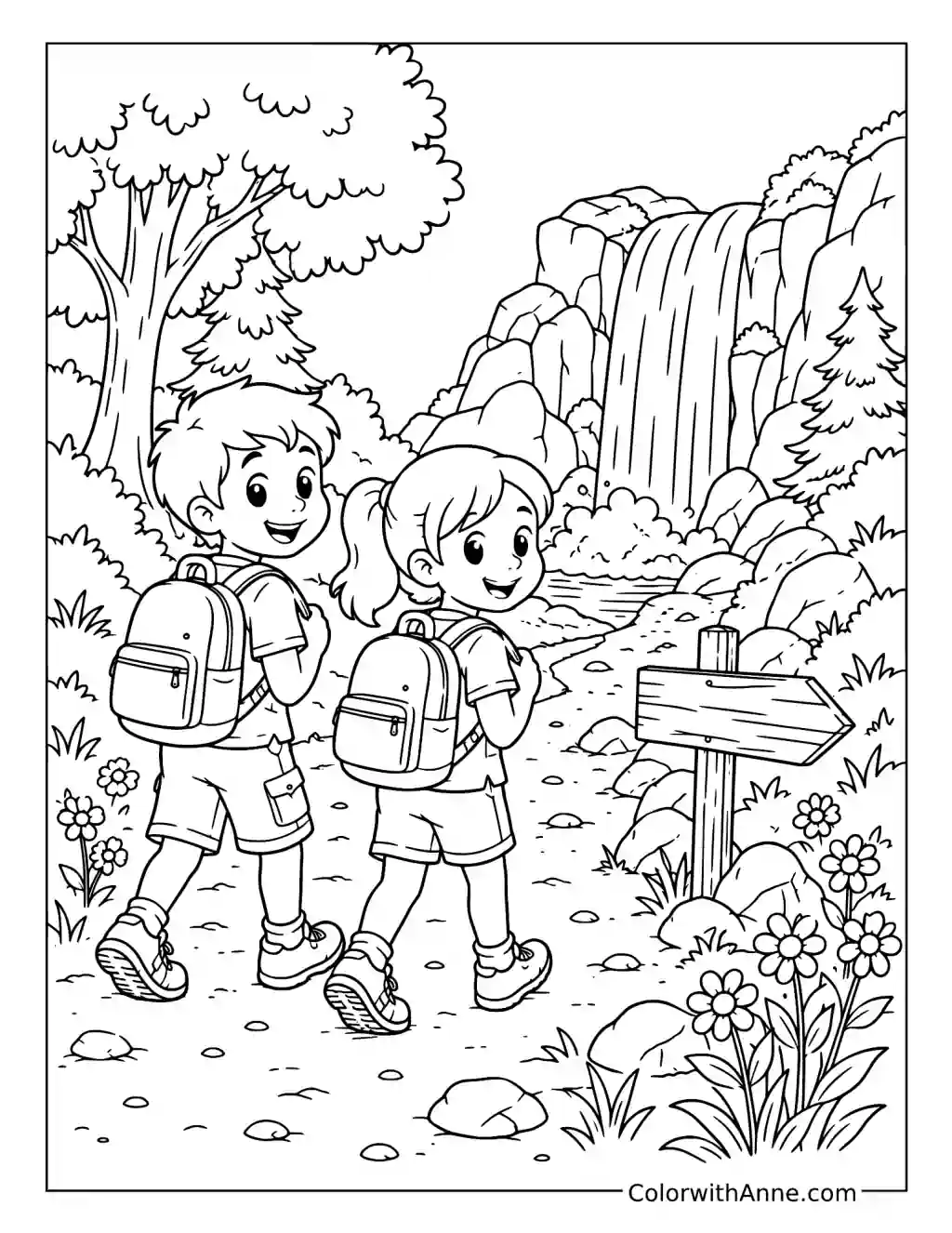 Kids Hiking to a Waterfall coloring page