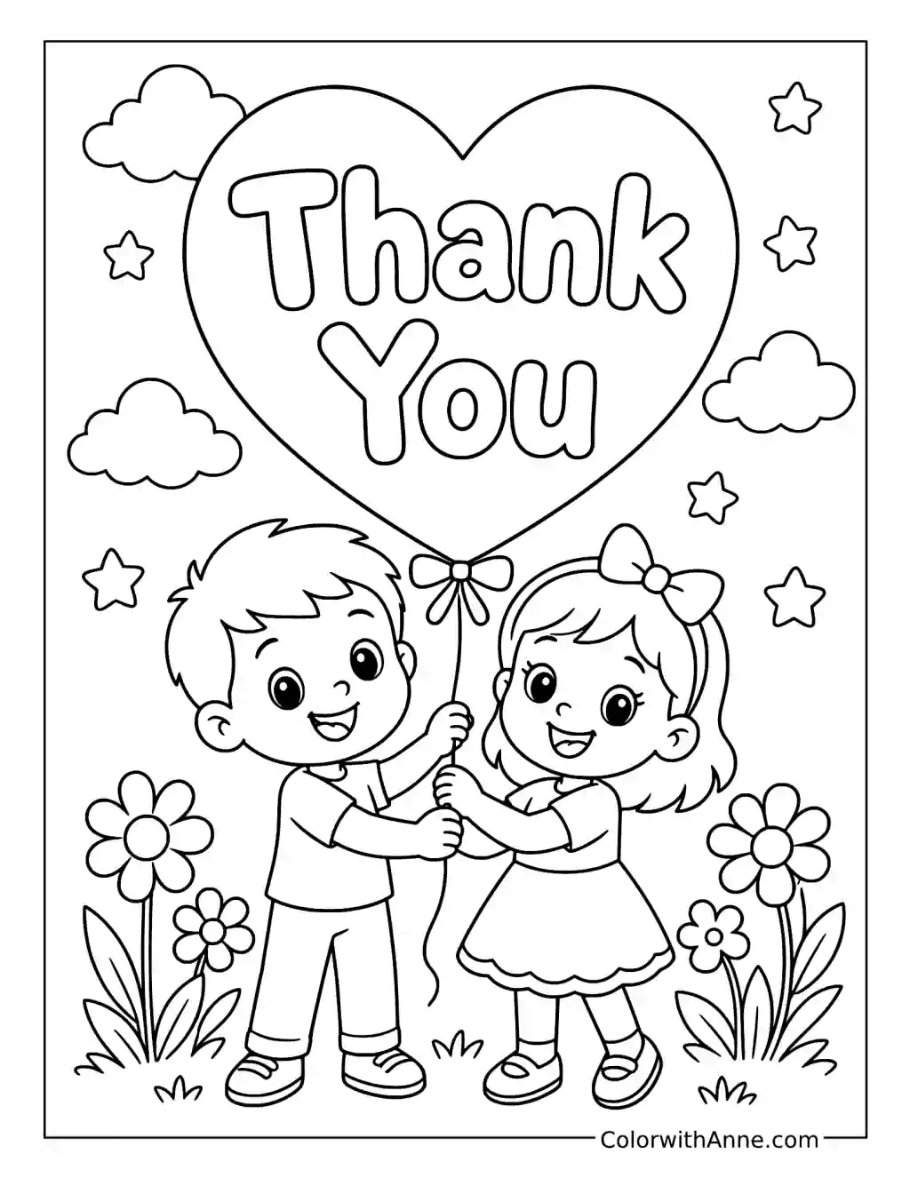 Kids with Thank You Heart Balloon coloring page