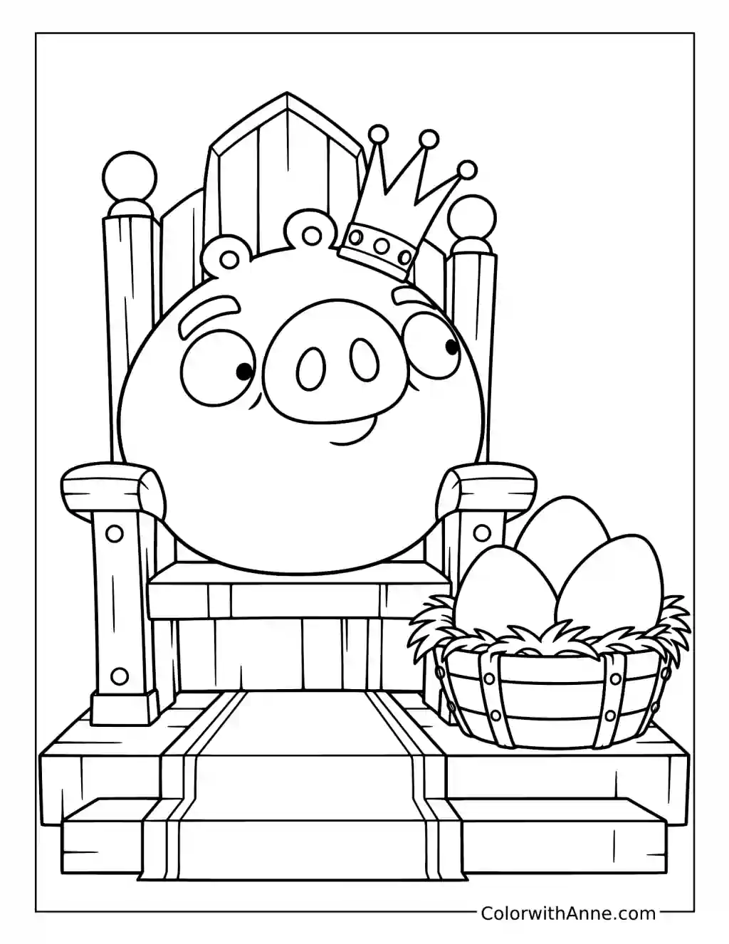 King Pig sits on a large wooden throne beside a bucket containing three stolen eggs.