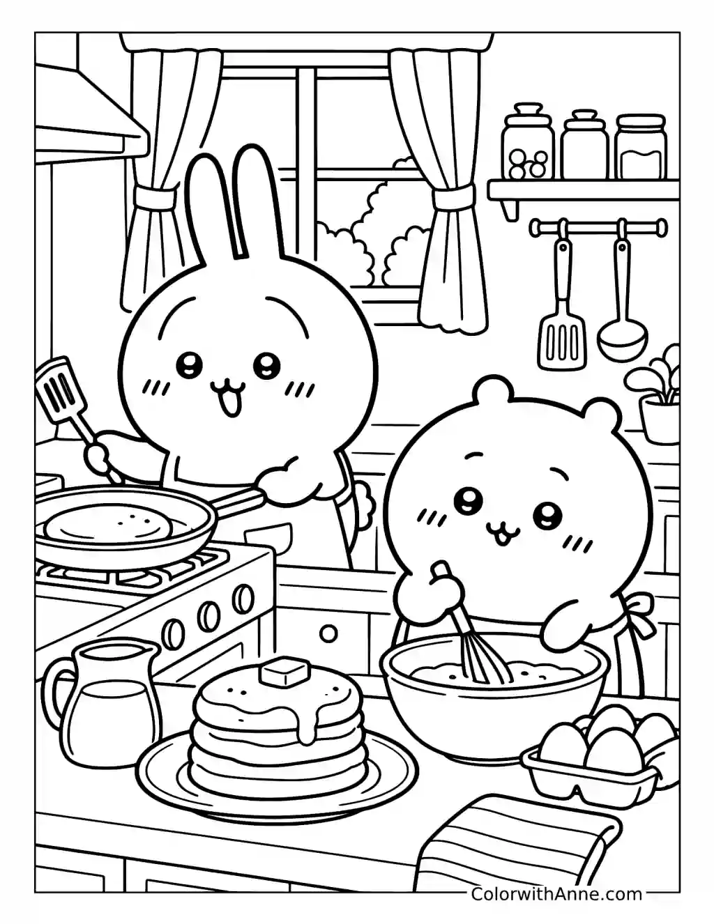 Kitchen Friends with Pan and Stove coloring page
