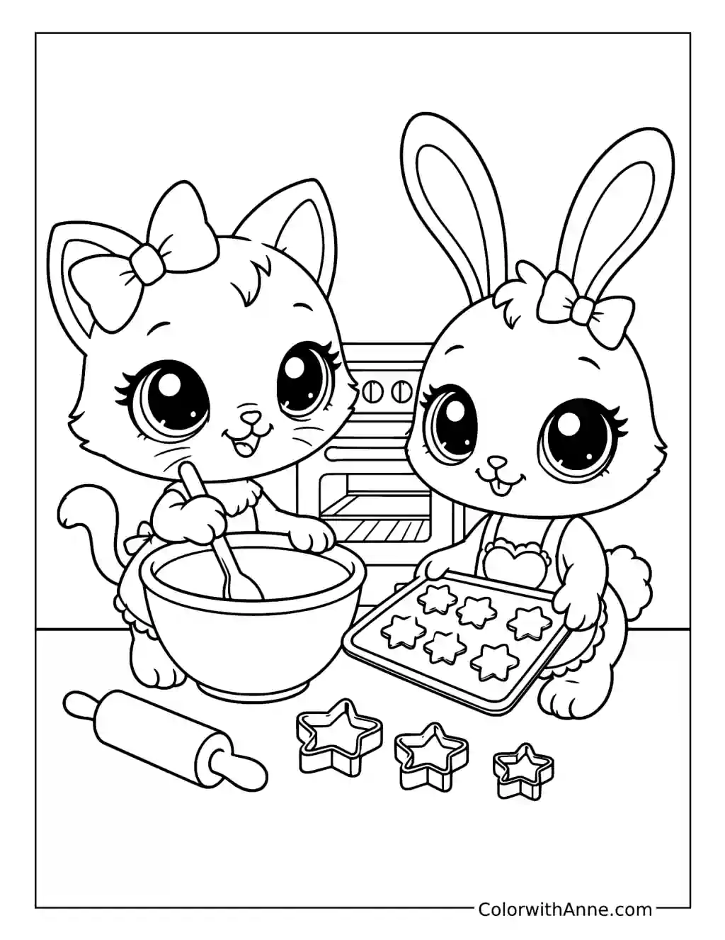 Kitten and Bunny Baking Star Cookies coloring page