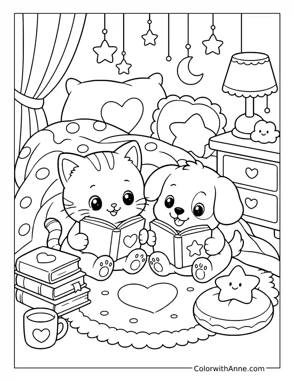 Kitten and Puppy Reading before Bed coloring page
