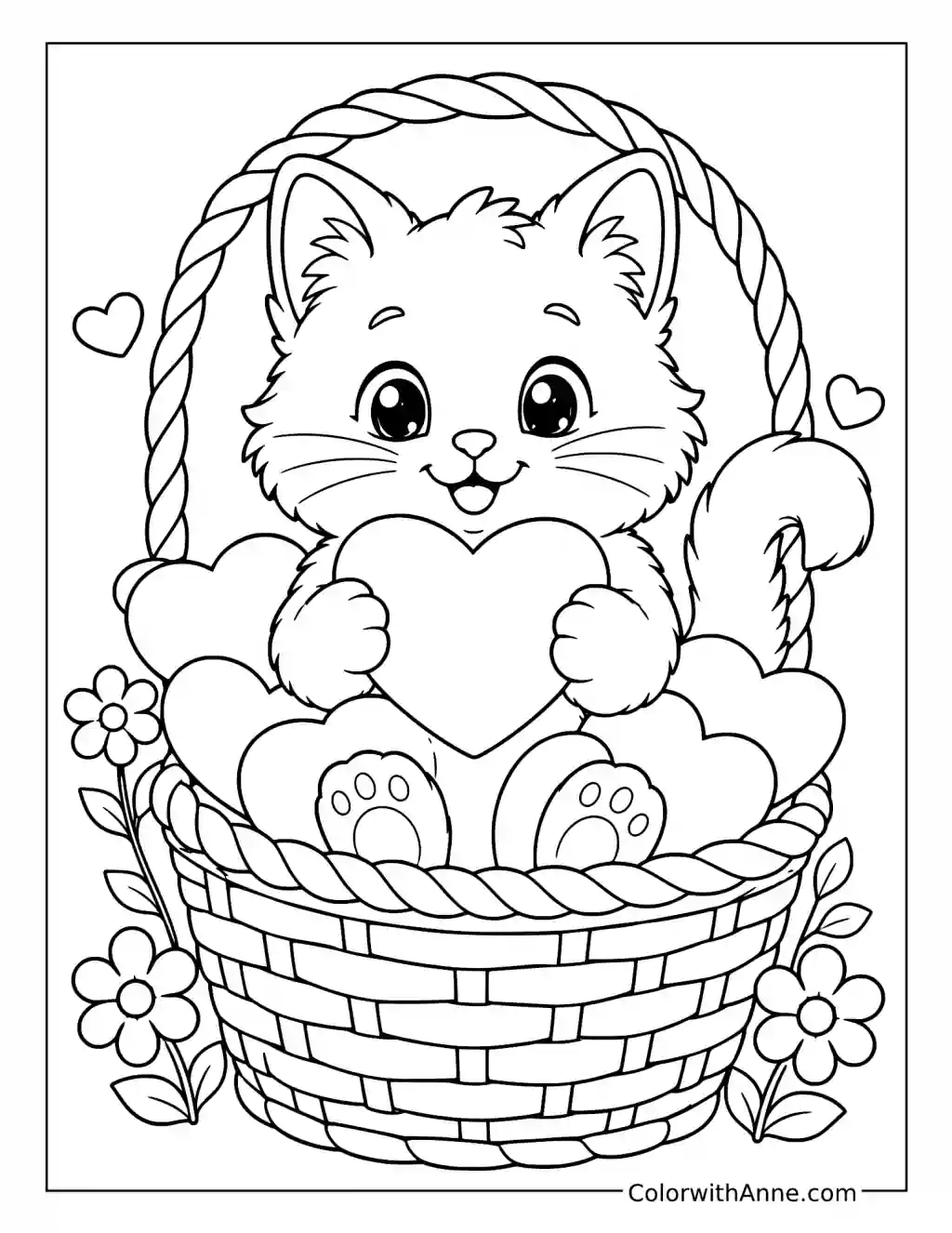 Kitten Holding a Heart in a Basket coloring page