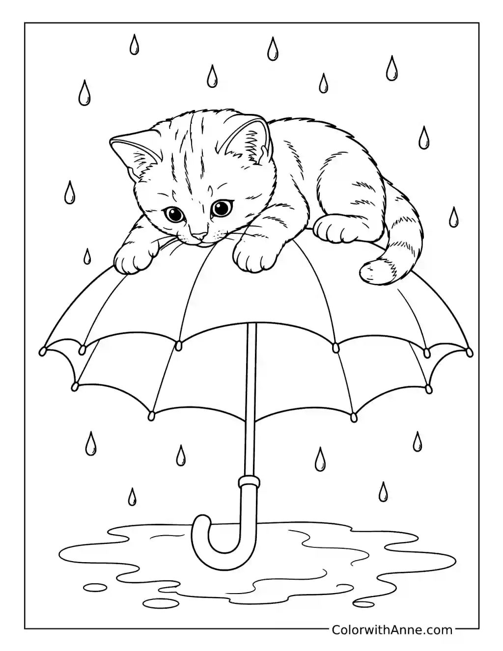 Kitten on a Rainy Umbrella coloring page