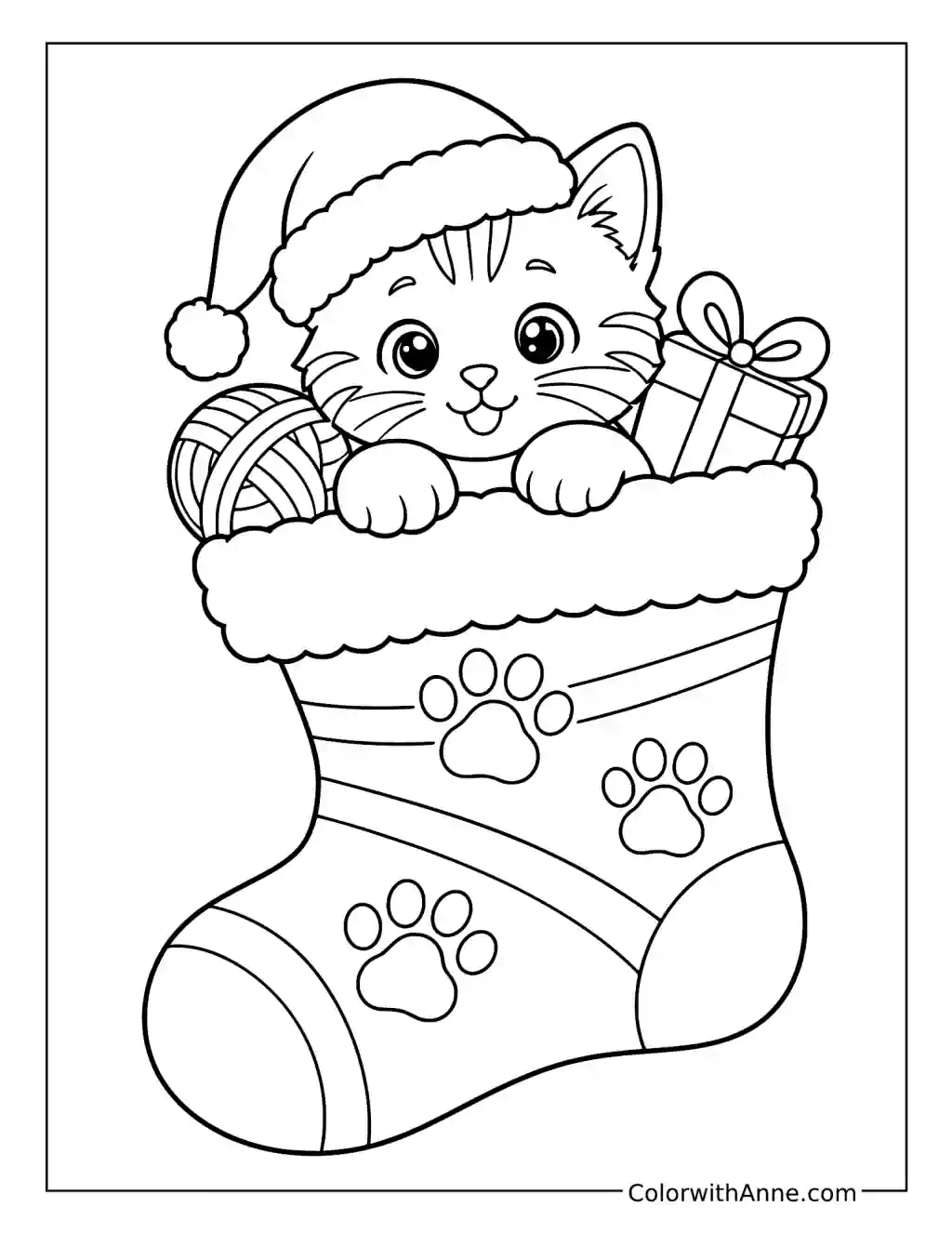 Kitten Peeking From a Christmas Stocking coloring page