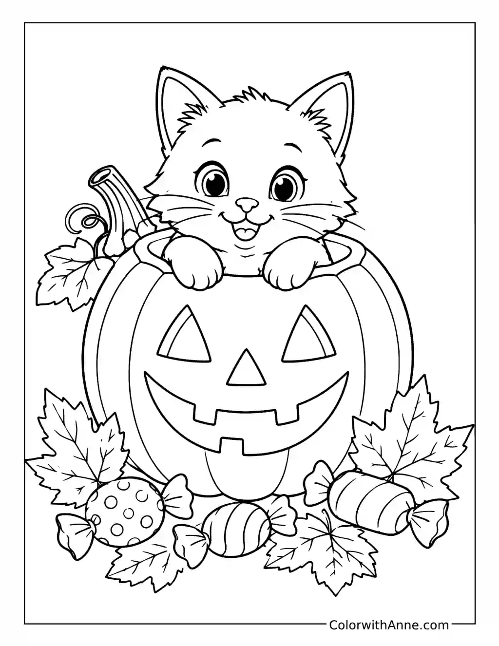 Kitten Peeking from a Jack-o’-Lantern coloring page