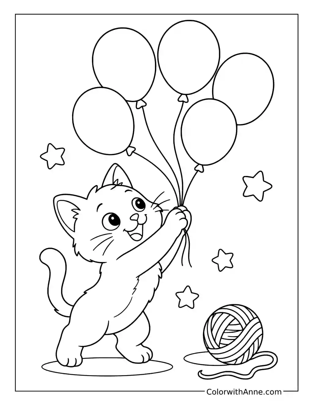 Kitten Reaching for Balloons coloring page
