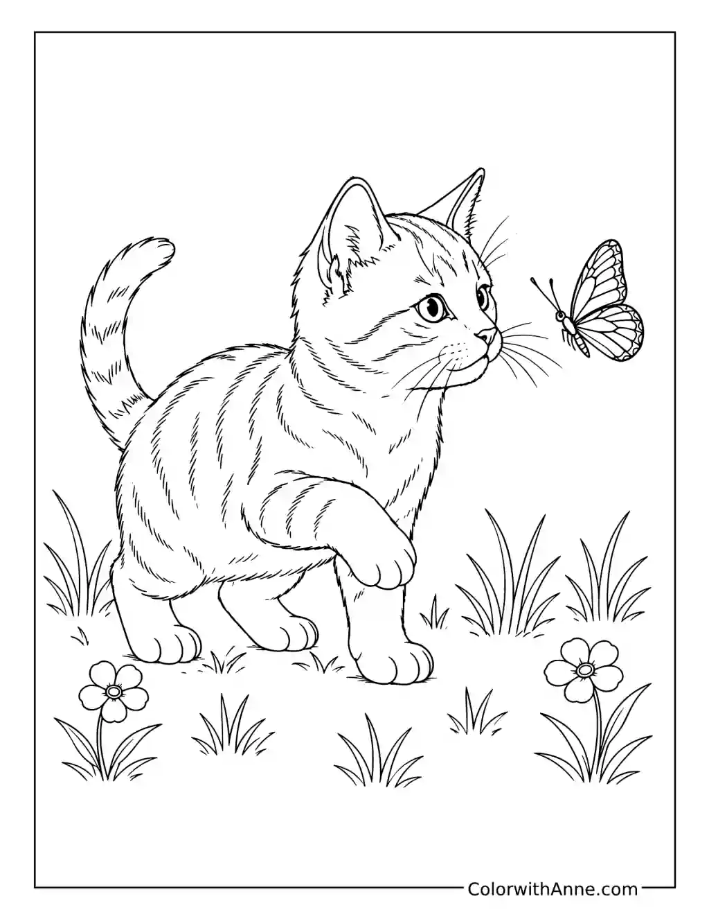 Kitten Watching a Butterfly in the Grass coloring page