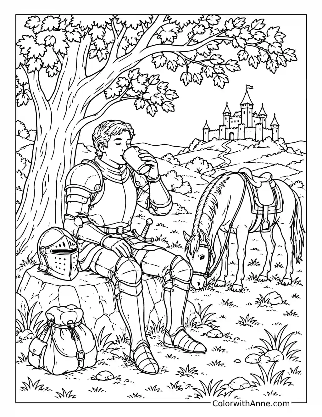 Knight and Horse Resting by a Tree coloring page