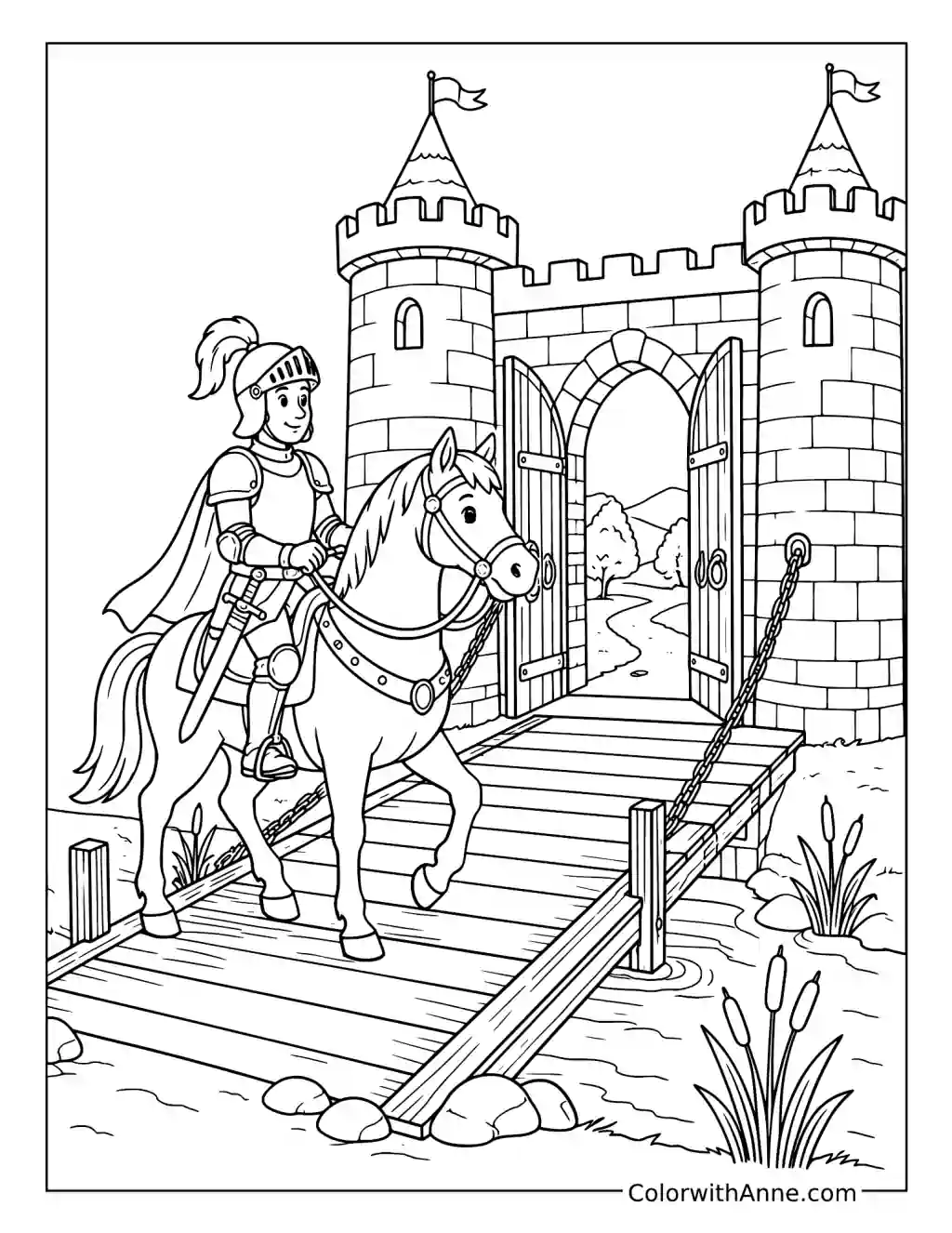 Knight Crossing the Castle Drawbridge coloring page
