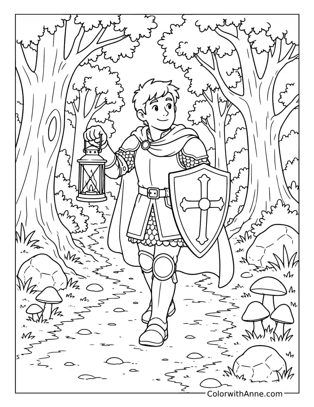 Knight Exploring a Forest with a Lantern coloring page