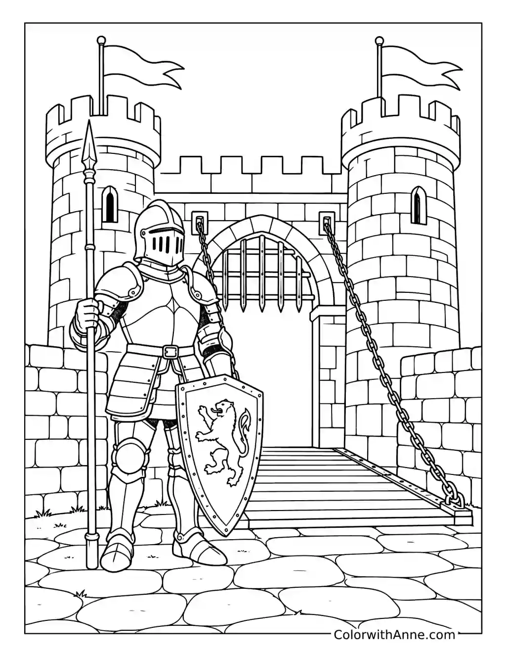Knight Guarding the Castle Gate coloring page