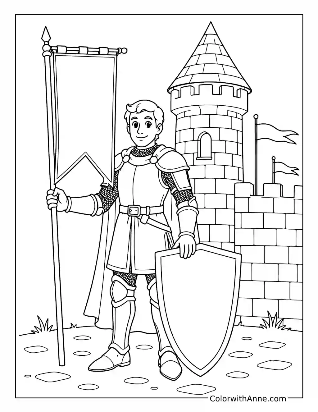 Knight Holding a Castle Banner coloring page