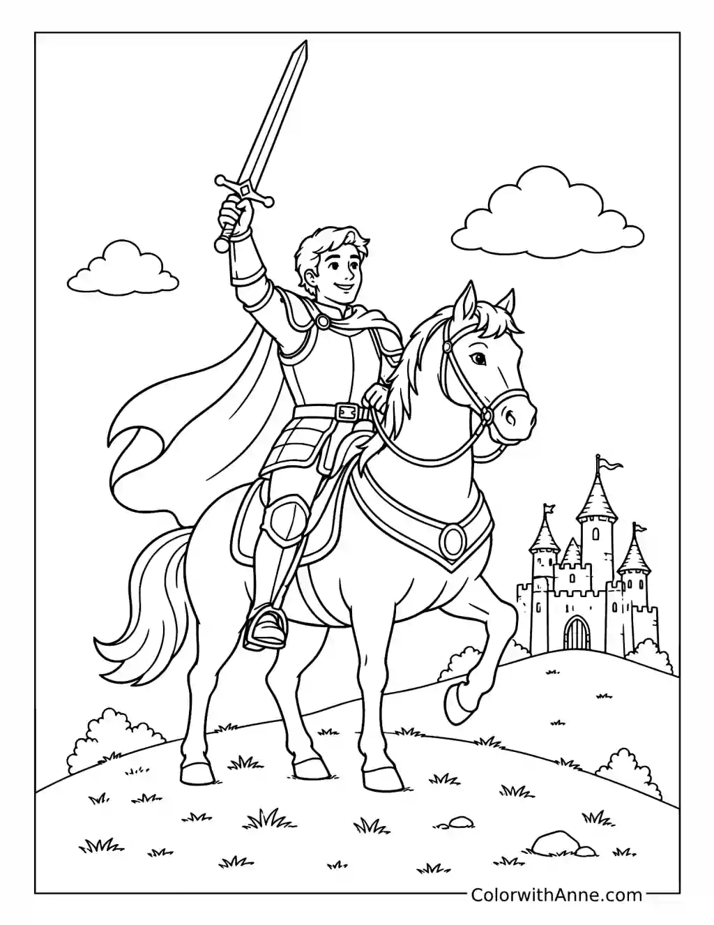 Knight Raising His Sword on Horseback coloring page