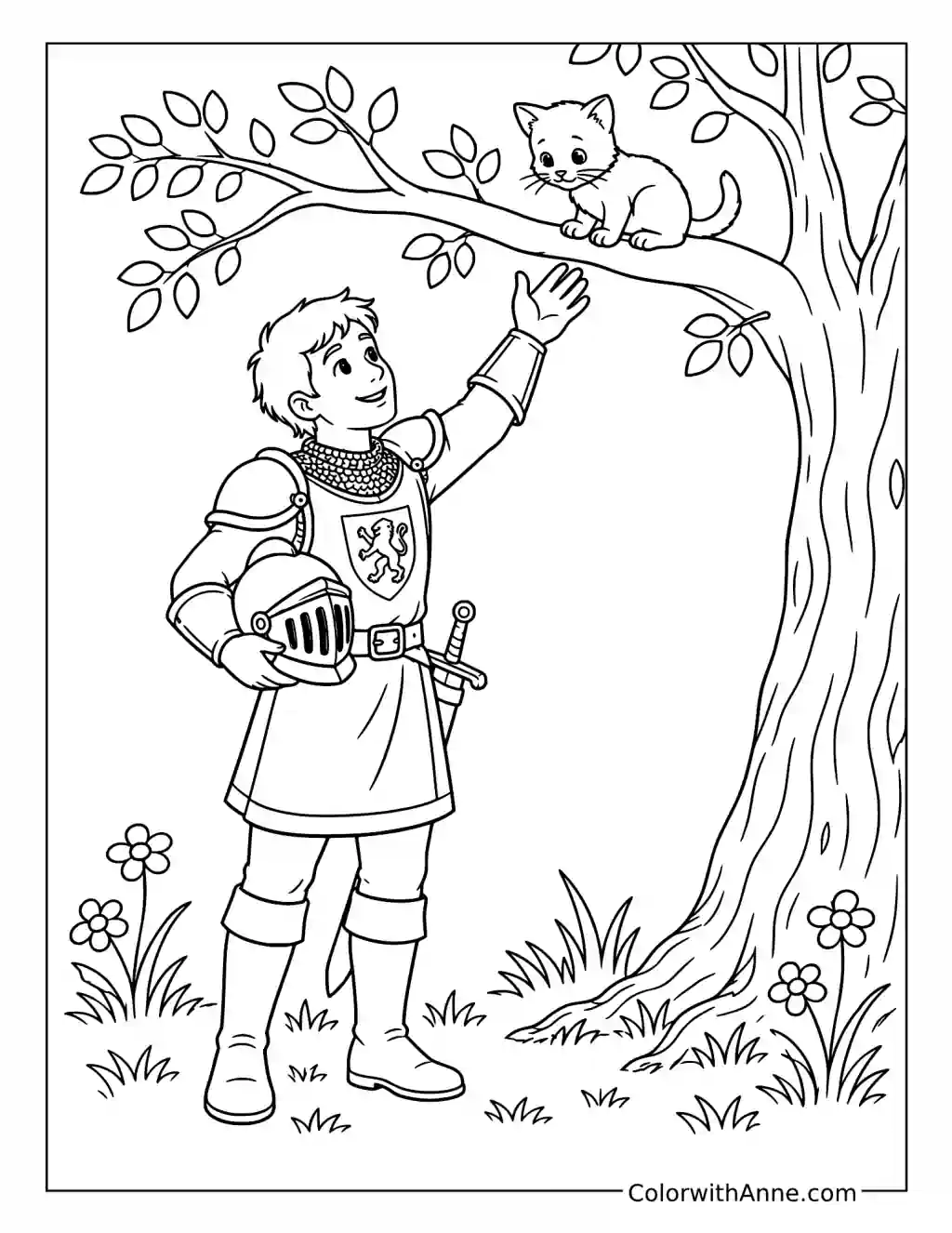 Knight Rescuing a Kitten from a Tree coloring page