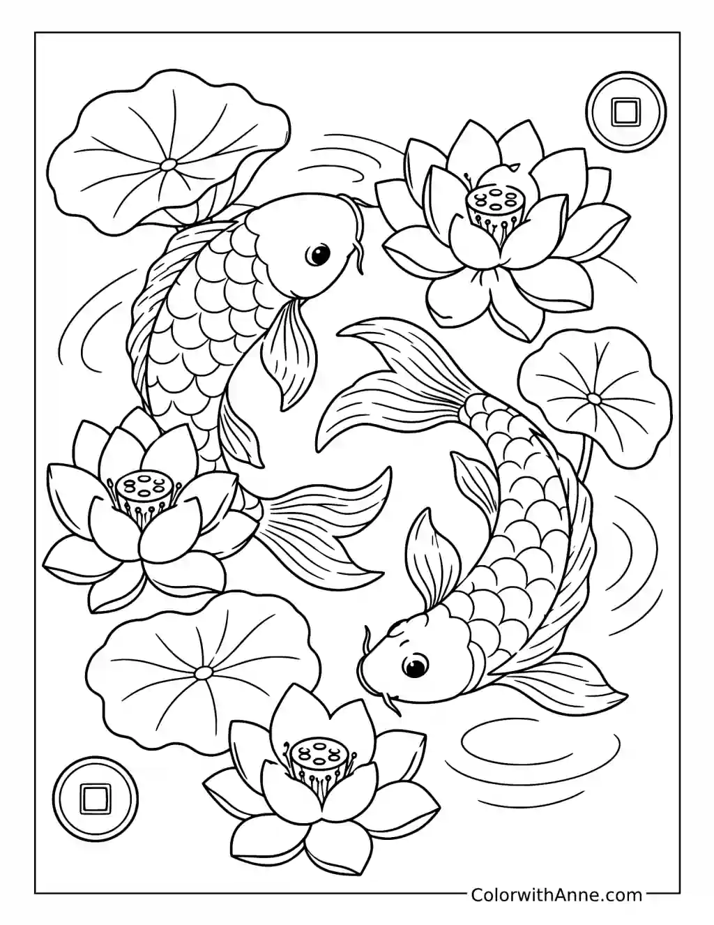 Koi Fish and Lotus Pond coloring page