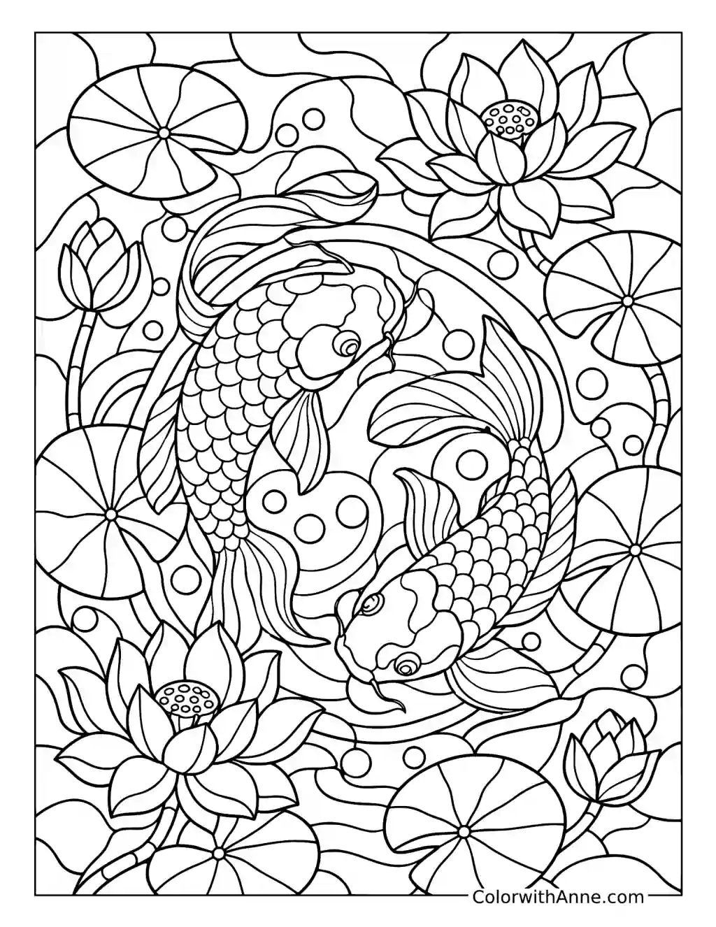 Koi Fish and Lotus Pond Stained Glass coloring page