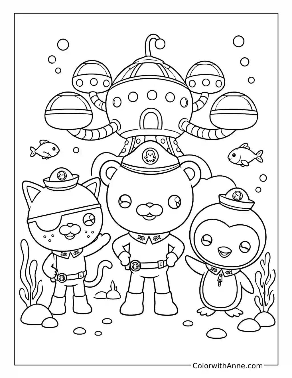 Kwazii Captain Barnacles and Peso outside the Octopod coloring page