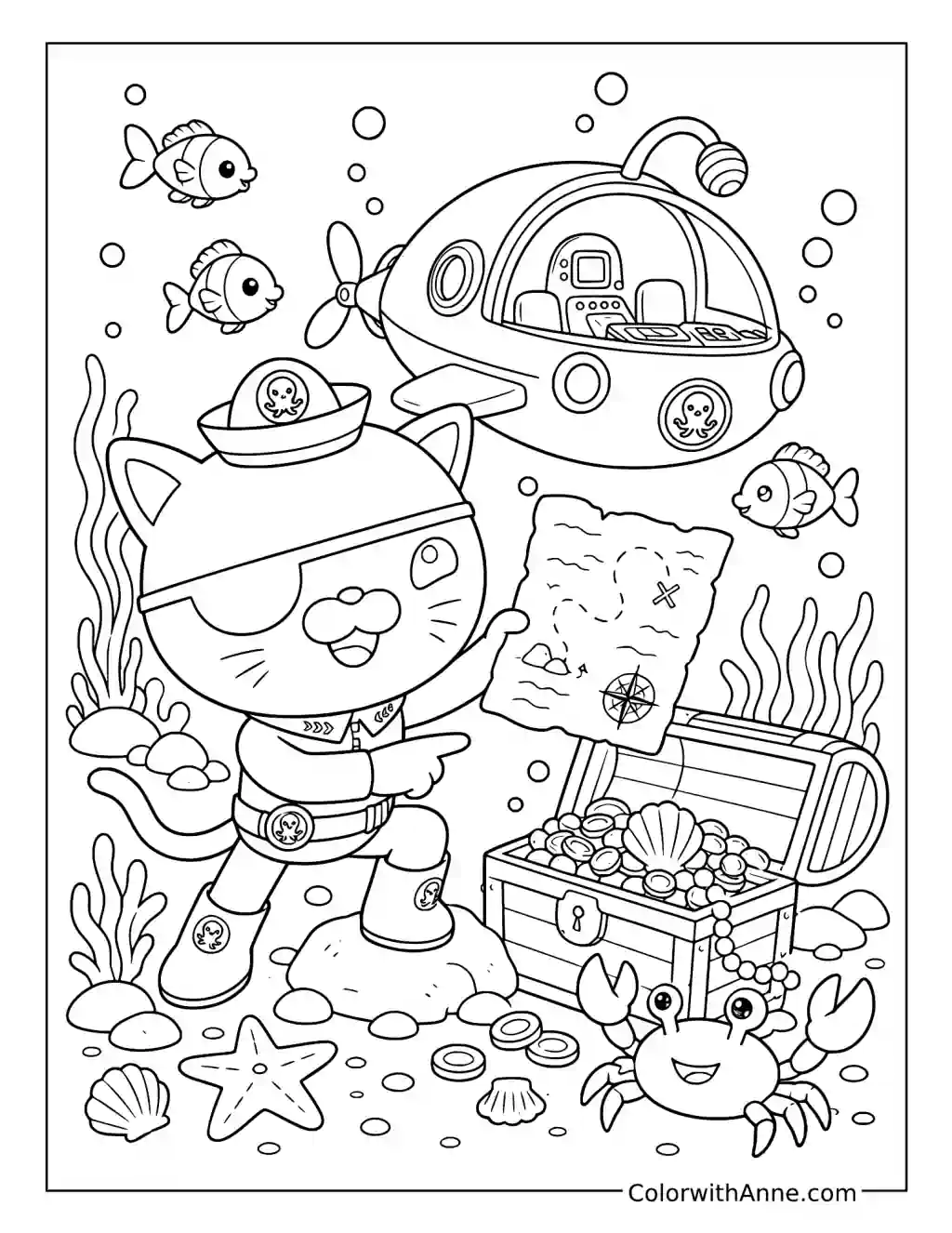 Kwazii Reading a Map beside a Treasure Chest coloring page